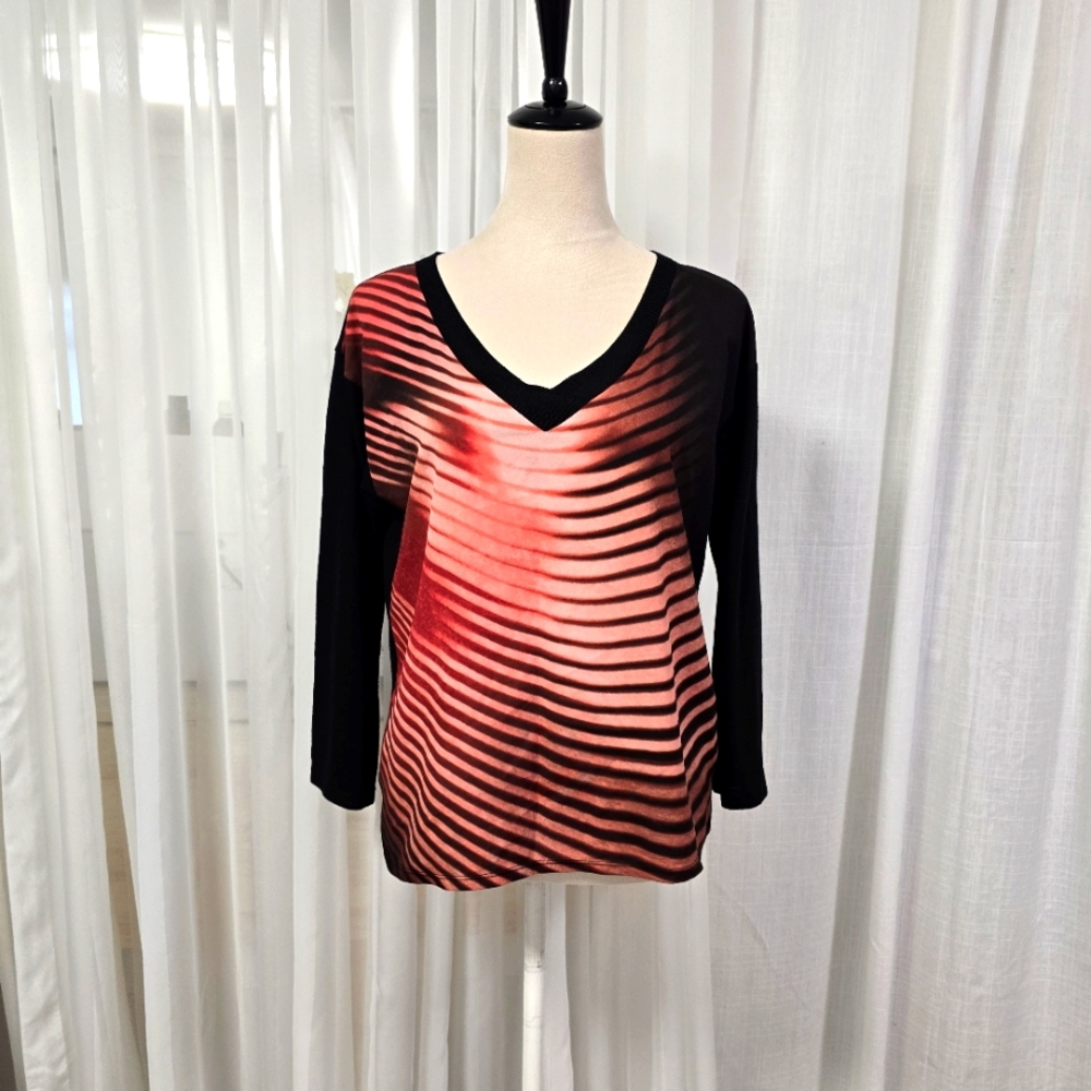 2/$30 Calvin Klein Orange &‎ Black Abstract Design Womens Top Size M